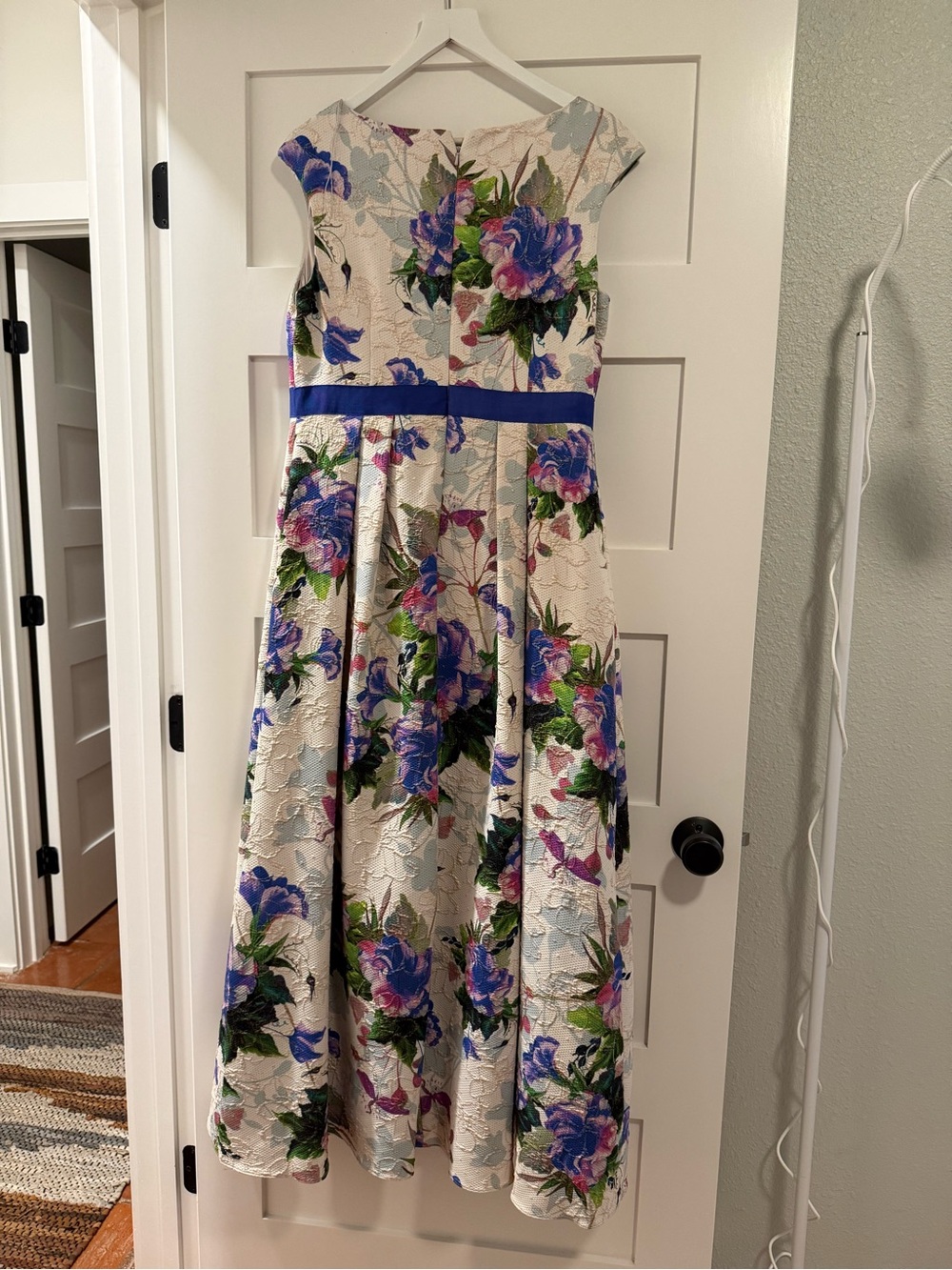 Adrianna Papell Ivory Dress with Blue Floral Print and Royal Waistband - Picture 2 of 3